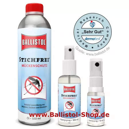 Set Insektenschutzmittel Ballistol Stichfrei 10 ml + 100 ml Pumpspray + 500 ml zum nachfüllen