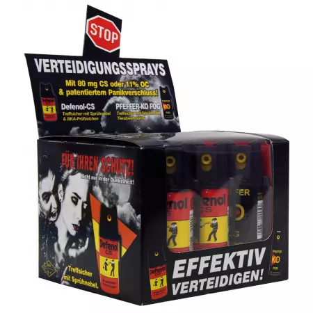Counter Display Pepperspray and CS Spray 12 Tins a 40 ml 6 x Pepper fog + 6 x Defenol CS