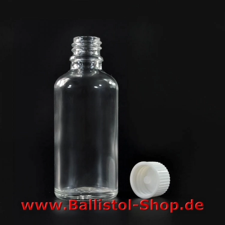 Clear glass bottle with screw cap and child proof cap 50 ml