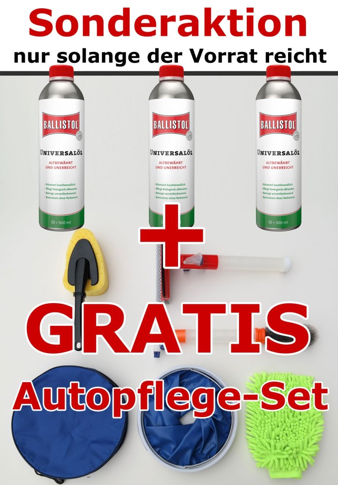 AKTION 3 X Ballistol 500 ml + Gratis Autopflege-Set AKTION 3 X Ballistol 500 ml + Gratis Autopflege-Set