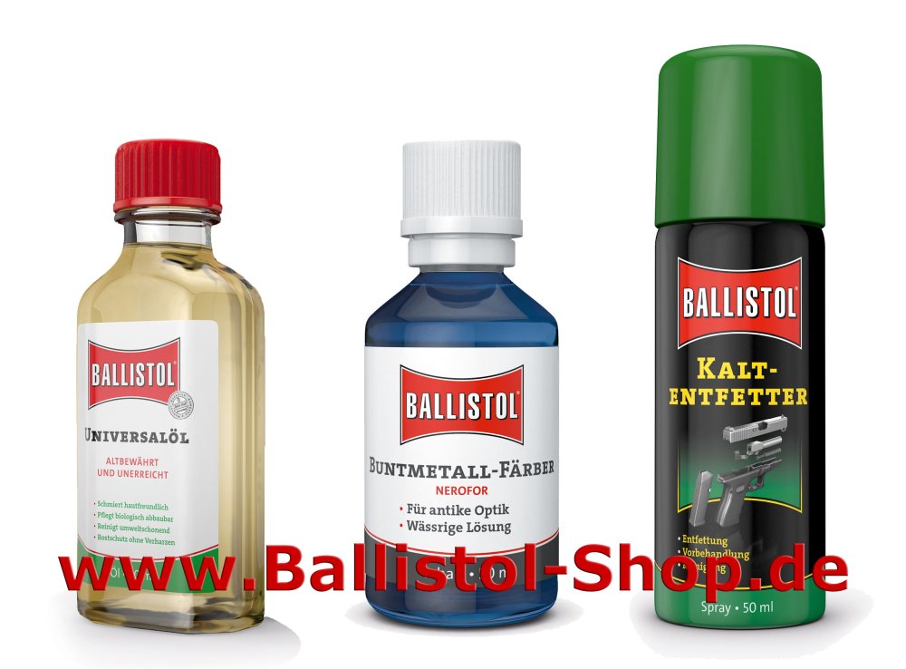 Brünierset aus 50 ml Nerofor Brünierung zum Färben von Messing, Kupfer und Bronze + Ballistol + Kaltentfetter Brünierset aus 50 ml Nerofor Brünierung zum Färben von Messing, Kupfer und Bronze + Ballistol + Kaltentfetter