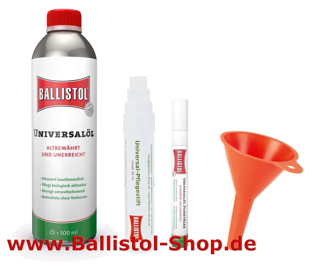 Ballistol Pflegestift + Punktölstift + Trichter + Ballistol 500 ml Ballistol Pflegestift + Punktölstift + Trichter + Ballistol 500 ml