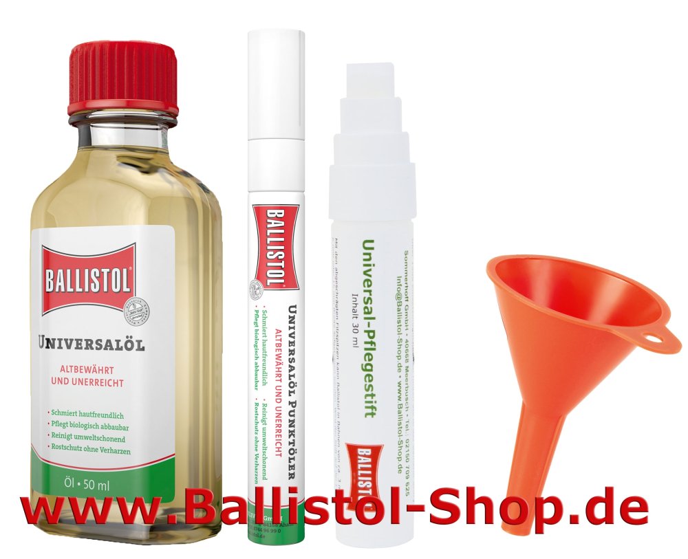 Ballistol Pflegestift + Punktölstift + Trichter + Ballistol 50 ml Ballistol Pflegestift + Punktölstift + Trichter + Ballistol 50 ml